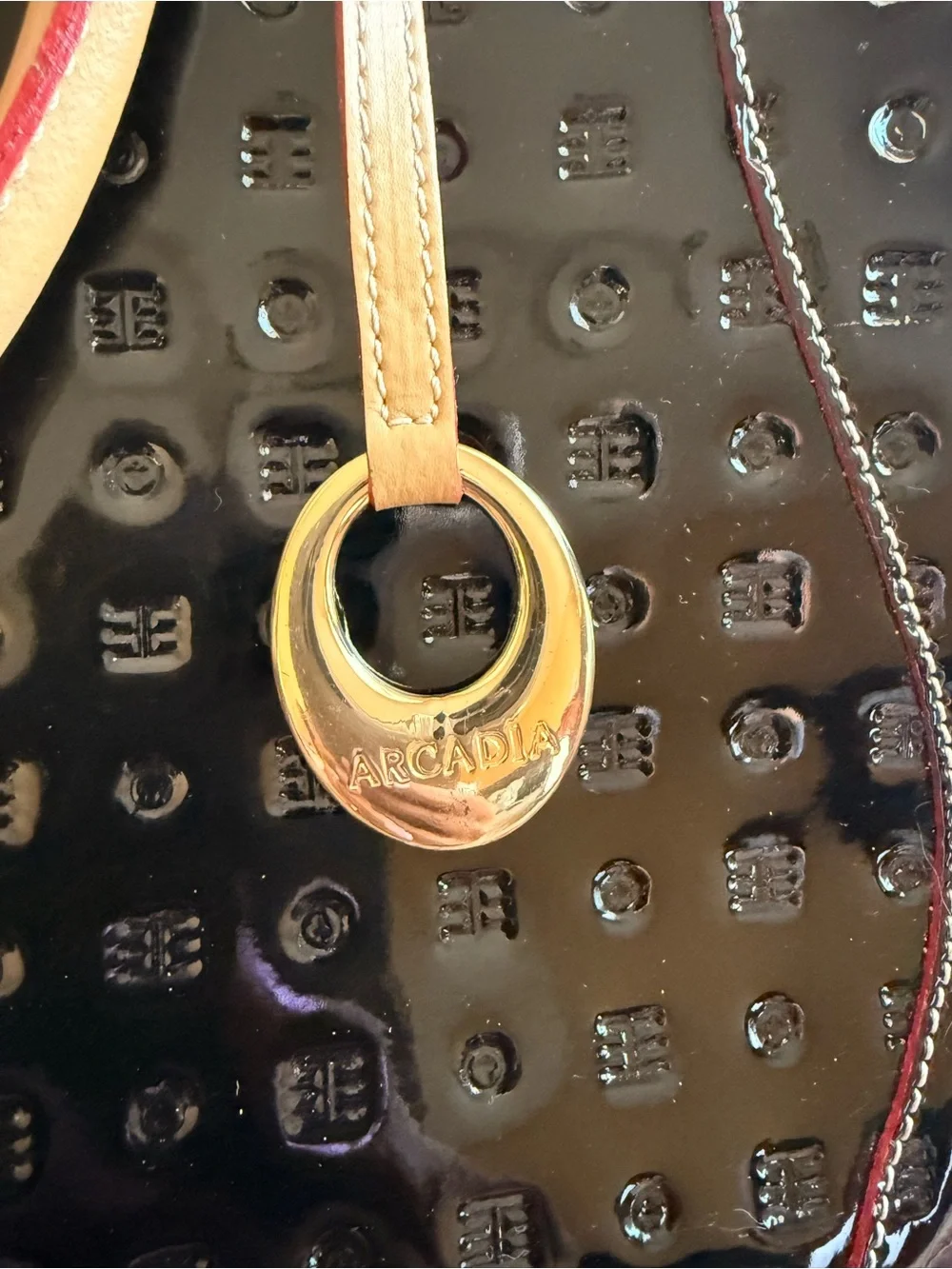 Arcadia Black Patent Tote with Tan Trim and Handles